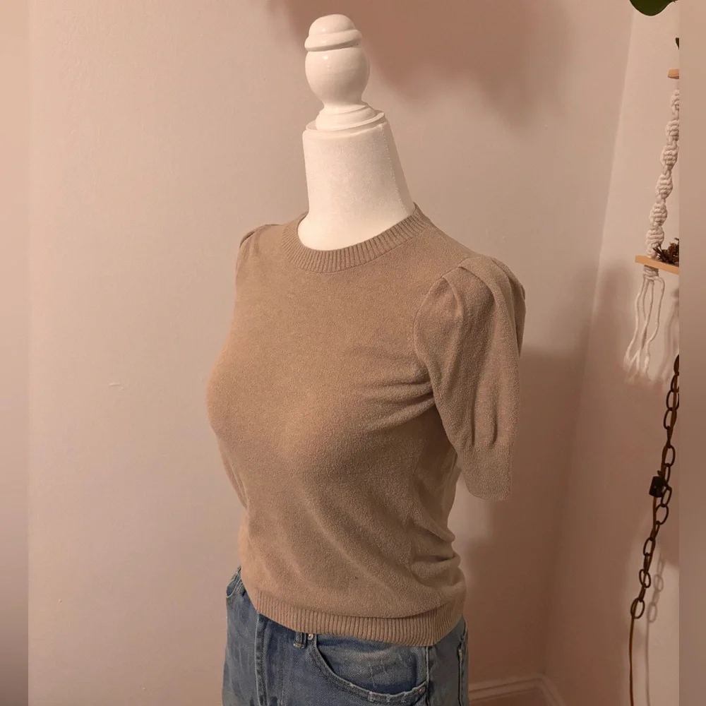 Short-Sleeve Puff Shoulder Knit Top in Beige - Picture 2 of 4